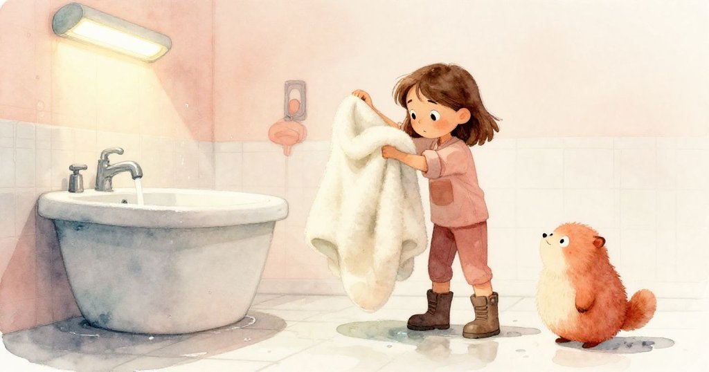 克拉在閃爍燈光下的濕潤瓷磚洗手間搬運厚毛毯，小動物菲立克在旁邊水潭中好奇探頭，晨霧中充滿期待。