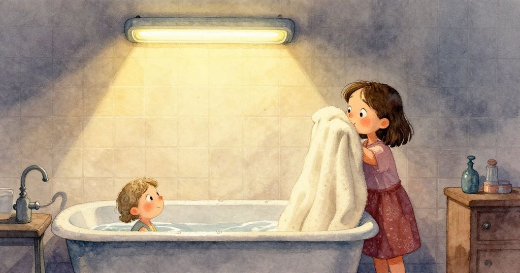 克拉的靴子在滑溜溜的肥皂水上打滑，濕透的厚毛毯邊緣滑落，細膩展現水珠和泡沫質感，充滿緊張氣氛。