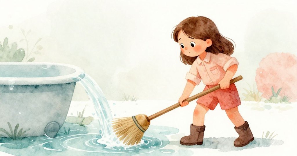 克拉從背後視角用掃把頂住水流，眼神堅定，浴缸邊流水被巧妙引導，營造出溫柔且專注的畫面。