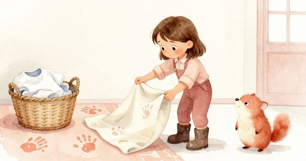 克拉和菲立克在臨近的居室裡，小心翼翼地移動厚毛毯，籃中放著整潔襯衫，桌上留有潮濕指印，溫馨協力共進。