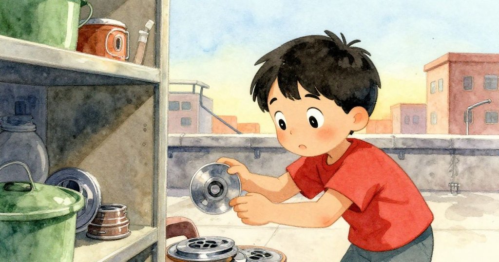 Owen表情專注彎身拾起迴旋金屬零件,在溫暖屋頂上展現對未知目標的期待與決心。