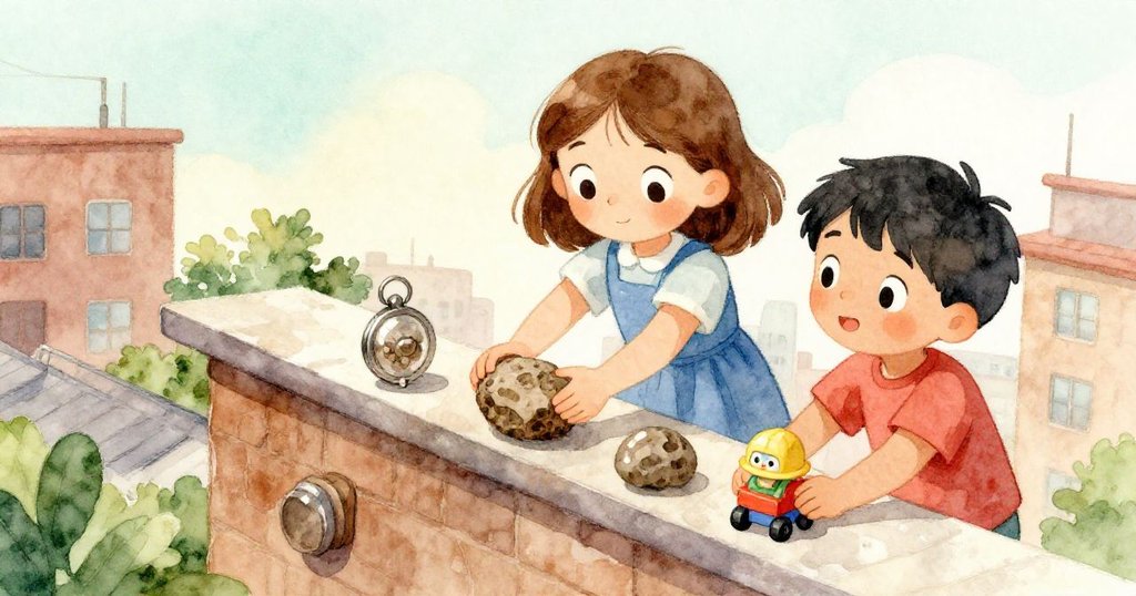 Ella與Owen在傾斜角度的屋頂上協力擺放化石、銅鎖和小塑像,動作細膩展現好奇與合作。