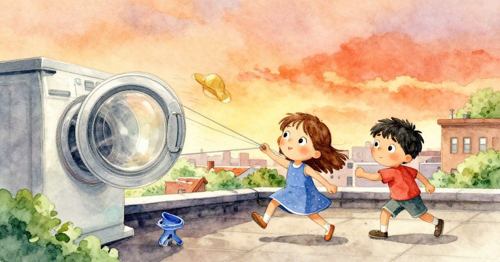 Owen與Ella驚訝注視迅速旋轉零件擊中小塑像,帽子滑入轉動風罩下展現驚險時刻。