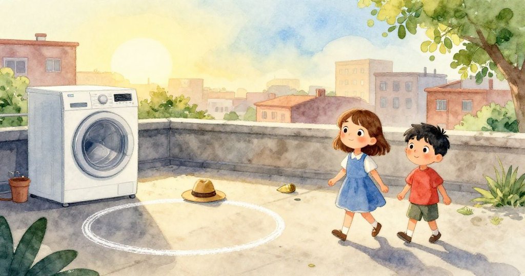 Ella與Owen滿懷寧靜離開屋頂,背景展現輪轉洗衣器、銅鎖蓋帽與淡雅粉筆圈,和諧而充實。