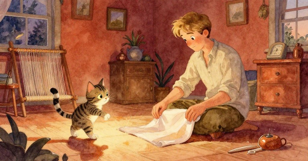 夕暮れの柔らかな光に包まれた部屋で、ルークが優しく布を整え、アイリスが静かに最後の光の反射を見守る平和なシーン。