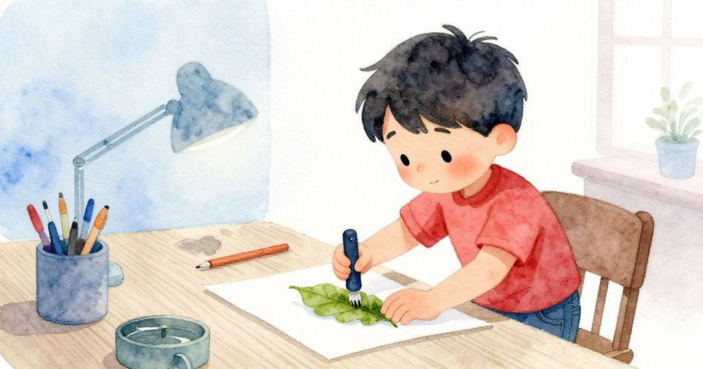 Felixが新しい用紙の上に葉を置き、ゴムローラーで丁寧に押す様子が、中程度の距離から集中した表情と共に描かれている。