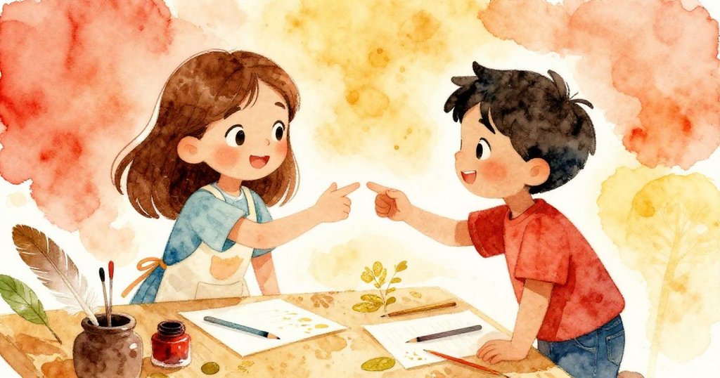 ジョイとFelixが印刷台の前でお互いに頷き合い、葉と羽を使って新たな印刷模様を作り出す創作の瞬間が描かれている。