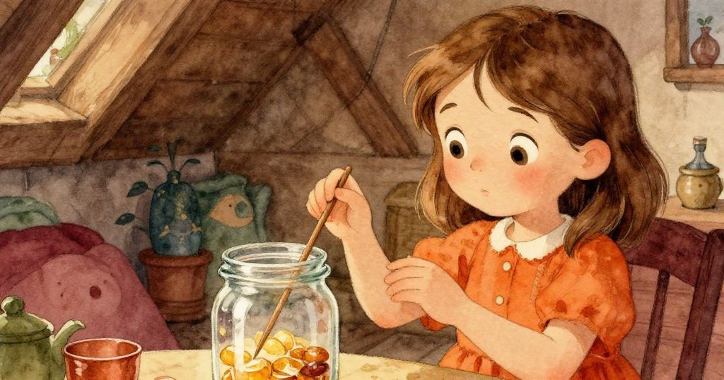 헤이즐이 부드러운 손길로 고풍스러운 유리 항아리를 두드리며, 맑은 음색이 울려 퍼지는 다락방의 섬세한 순간을 보여준다