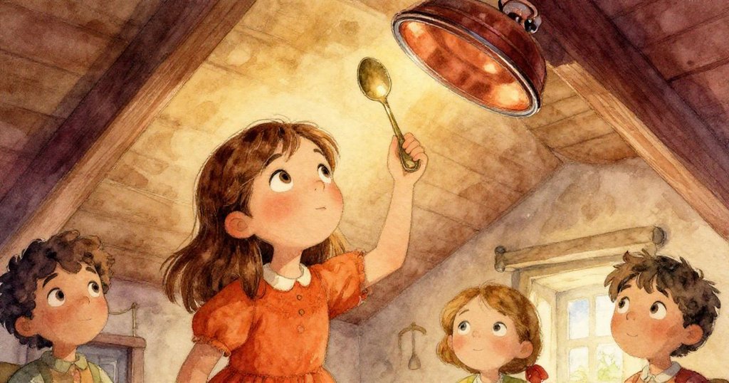 헤이즐이 놀라움에 찬 눈빛으로 위에서 매달린 놋쇠 숟가락이 떨리는 모습을 바라보며, 다락방의 신비로운 움직임을 체험하는 장면