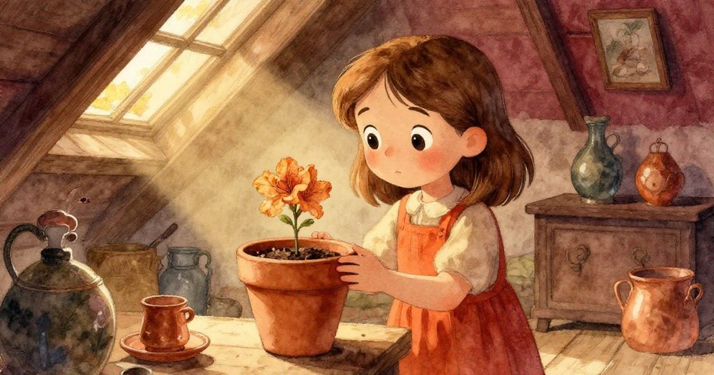 헤이즐이 가을빛이 감도는 다락방에서 옹기종기 놓인 테라코타 화분 속 희미한 아자레아 꽃을 세심히 관찰하는 따뜻한 순간을 표현한다