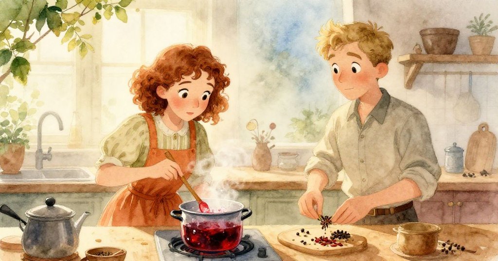 Mabel在柔和晨霧中於溫暖廚房忙碌攪拌紅糖漿，Emil旁邊準備香料，充滿期待和溫馨氣氛。