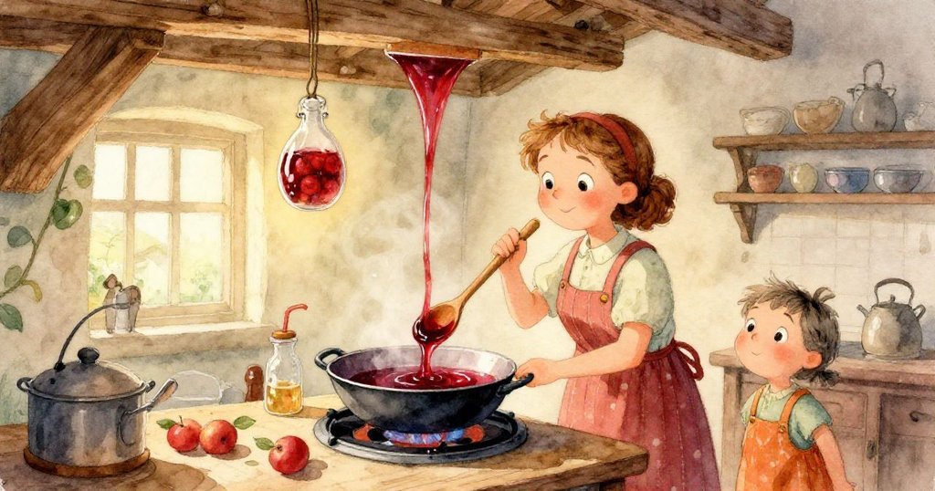 Emil小心托著老式玻璃漏斗，紅糖漿緩緩滴落，細膩展現手工製作過程與專注情感。