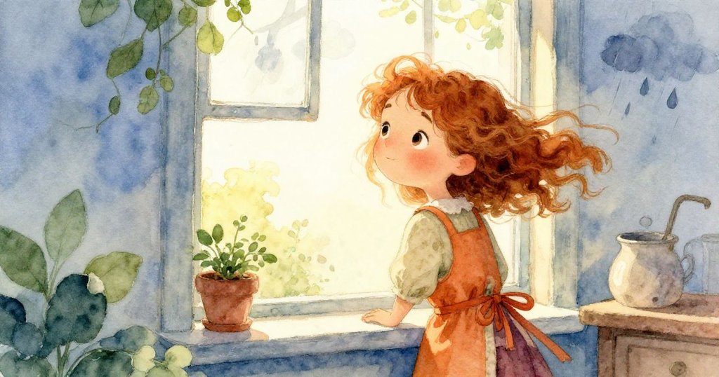 Mabel站在半敞開的窗邊，溫暖空氣輕拂髮梢，背景隱約見到即將來臨的雨雲，情境融合室內外風景。