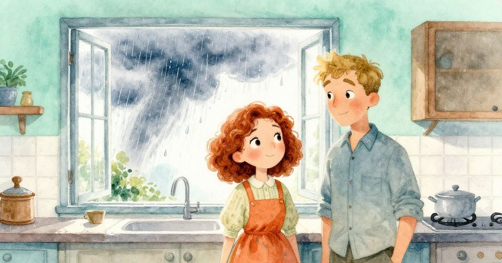 室外大雨傾盆，Mabel與Emil在開窗的廚房內持續工作，雨滴濺落瓷磚及金屬邊框，動感濕潤氣氛明顯。