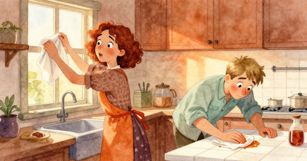 Mabel迅速調整窗布擋雨，Emil忙著擦去瓷磚上溢出糖漿，兩人神情堅定面對暴雨挑戰。