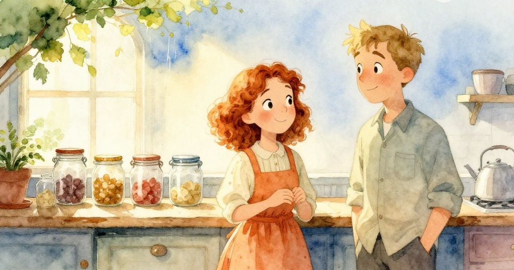 雨過天晴後，Mabel與Emil滿懷喜悅完成糖漿罐裝，廚房溫暖光線映照濕亮瓷磚，完美收官。