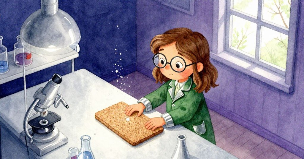 實驗室鳥瞰圖中，佩爾正專注輕觸海綿板，窗外透出春日暖光，畫面充滿柔和陰影與細膩實驗細節。