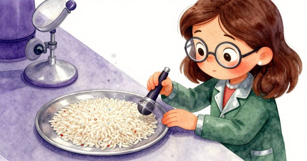 近拍畫面中，佩爾專注調整麥克風，在金屬盤上灑落閃亮米粒，細節展現實驗台精緻質感。