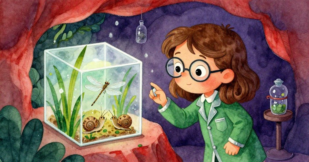 隱秘角落裡，佩爾好奇探視裝滿蝸牛的瓶子與濕苇間爬行的小蜻蜓盒子，呈現奇幻實驗與自然生機。