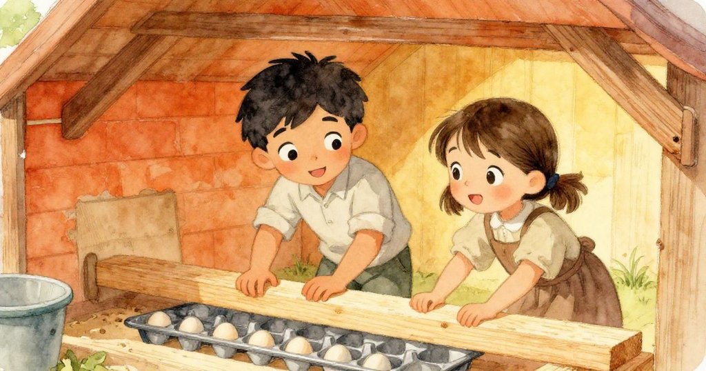 칼과 메이가 함께 시더 나무 판자를 이용하여 달걀 쟁반을 고정하며 안도와 협동의 미소를 나누는 따스한 빛의 협력 장면