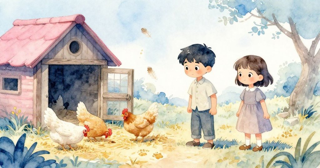 닭들이 평화롭게 쪼아 먹고, 칼과 메이가 남긴 두 개의 손자국과 함께 부드러운 바람에 깃털이 날리는 희망찬 닭장 마무리 장면