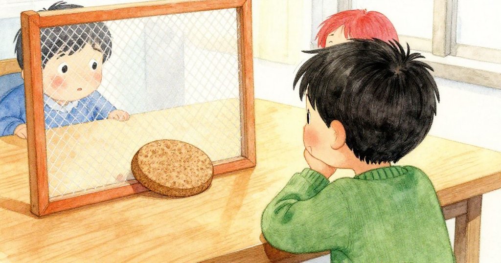 セスの背後から眺める視点で、机上で転がるコルクディスクと微妙に傾いた網が明瞭に映り、好奇心あふれる眼差しが感じられるシーン。