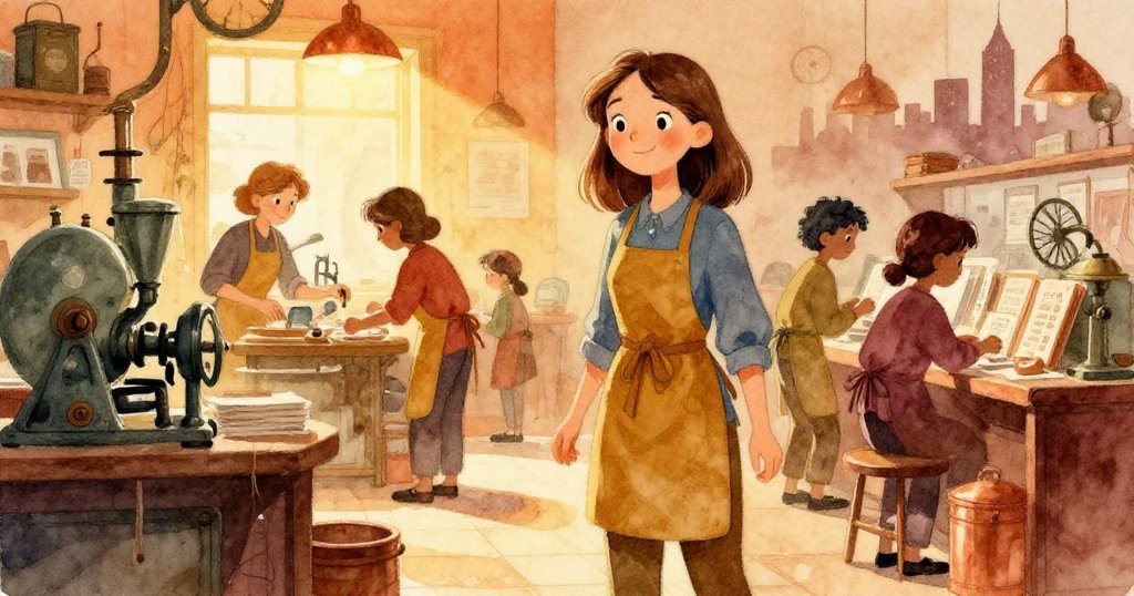 Joy在擁擠的印刷廠中忙碌與同事互動，溫暖金光透過窗戶映出遠方都市天際線，展現專注與活力。