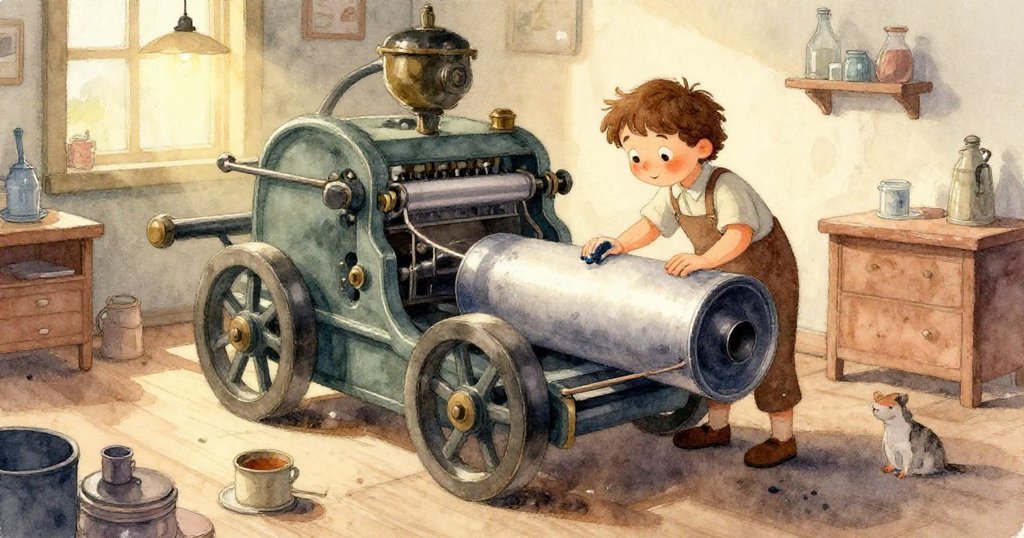 Joy急促走過印刷廠粗糙地面，鞋底踩著散落作業紙與油墨，展現專注與緊急任務之情。