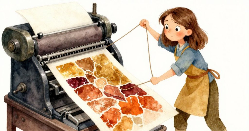 Joy俯身操作老式印刷機，動態傾斜角度顯示她用繩扣解救困住的印刷紙，充滿專注與決心。