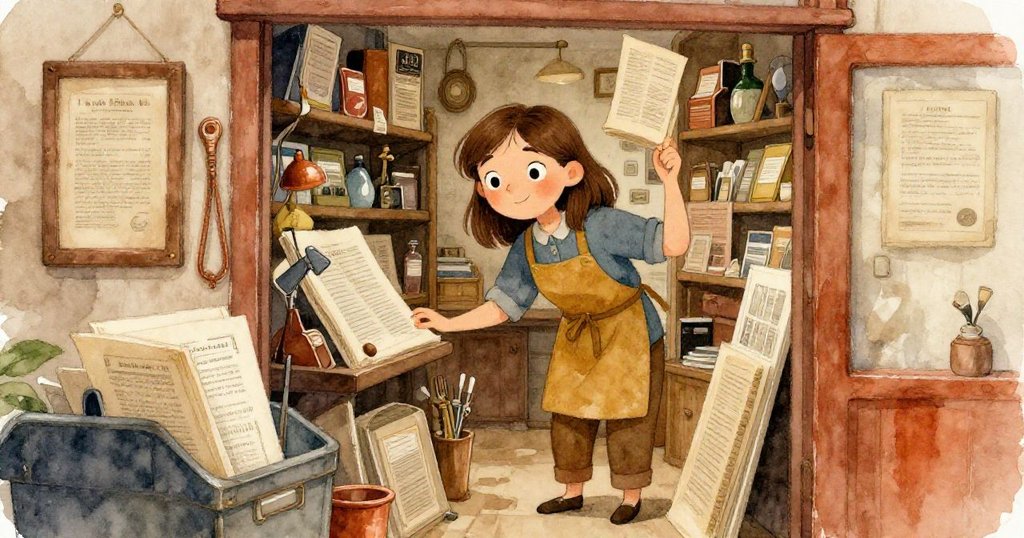 Joy發現印刷廠隱秘角落，仔細觀察堆放的舊印刷品和工具，臉上流露出好奇與靈感，同時映襯柔和暖光。