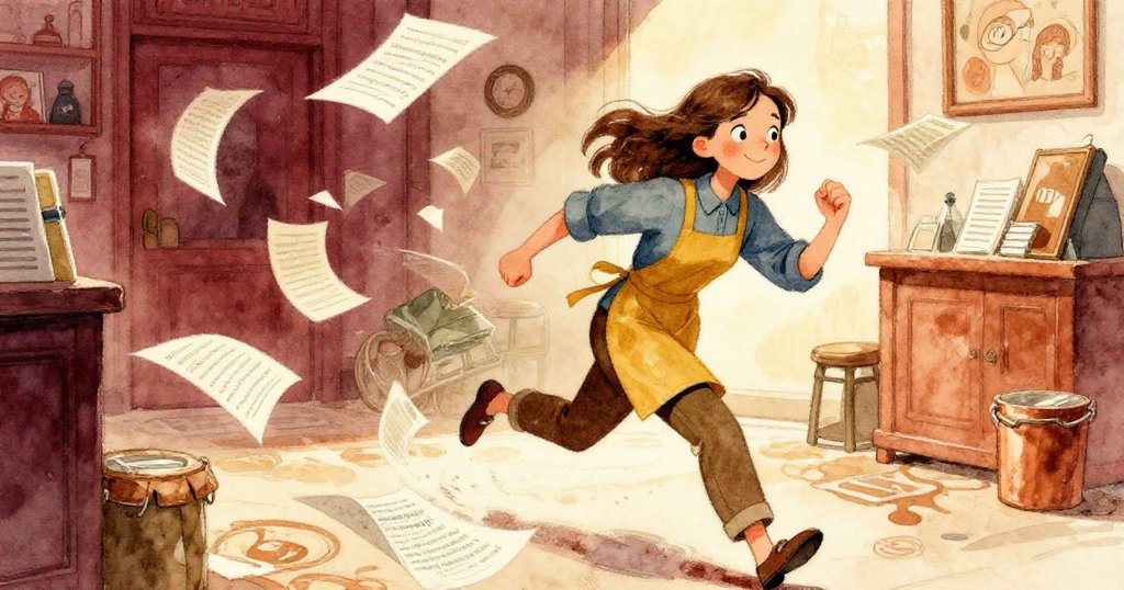 Joy急速追逐從乾燥架飛散的作業紙，奔跑中伸手抓取文件，環境中充滿動感和溫暖活力。