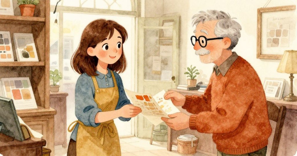 Joy滿懷喜悅地將修復好的印刷品遞給耐心導師Kent，兩人微笑互動，印刷廠背景呈現溫馨成功後的寧靜氛圍。