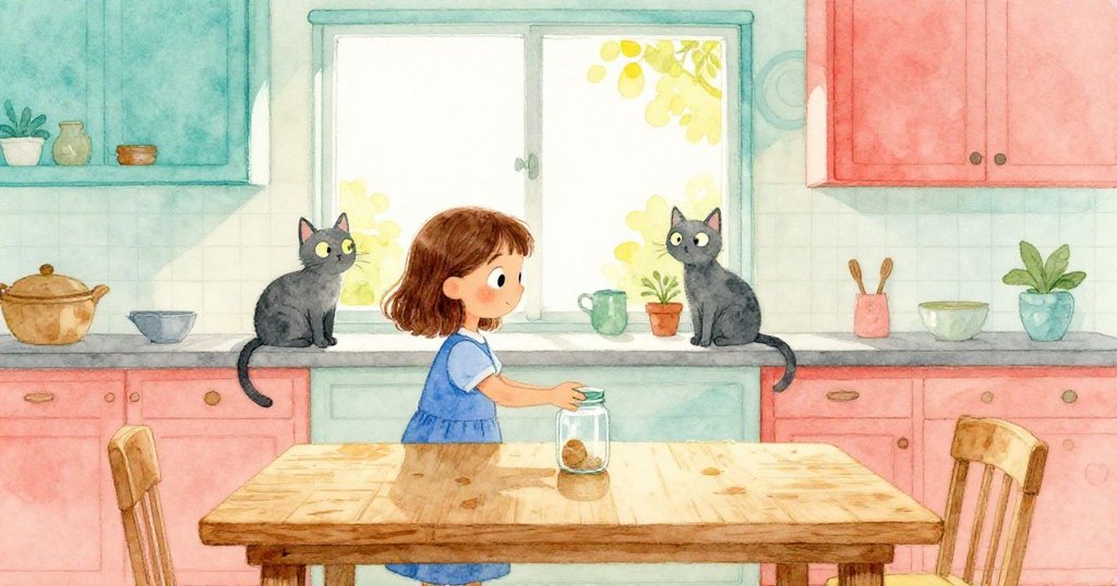 Faye將透明罐小心放在木桌邊,灰貓於窗台守望,廚房晨光溫暖洋溢,展現期待與好奇情緒。
