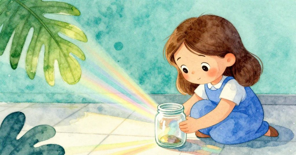 Faye凝視光線穿透水中折射出細長彩虹,臉上流露專注驚喜,廚房溫馨光影中展開細膩探索。