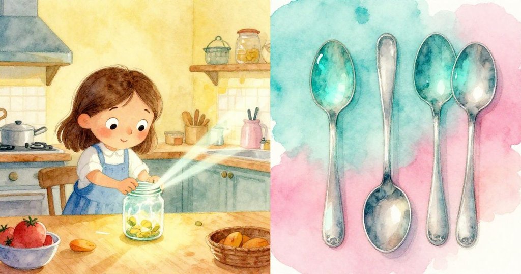 Faye旋轉罐子使光線分裂成條,左側呈現變化,右側金屬湯匙映出藍綠光輝,廚房情節逐步展開。