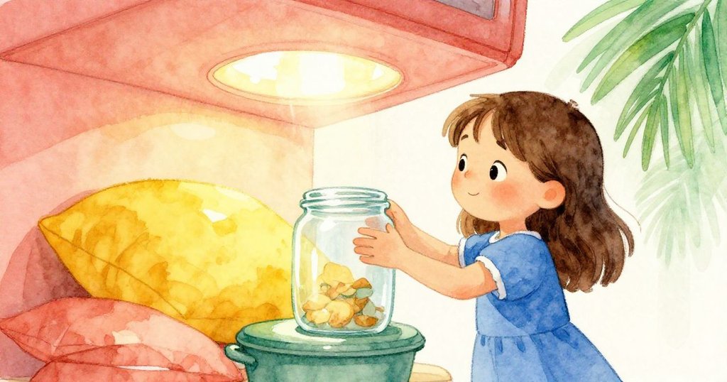 Faye在廚房隱蔽角落利用黃色坐墊調控罐子,周圍鍋具映出微妙天花板光影,展現細膩神秘情感。