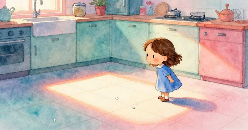 Faye靜觀夕陽逐漸退去,地磚上僅留淺橢圓光斑與閃爍水滴,廚房呈現寧靜落幕情景。