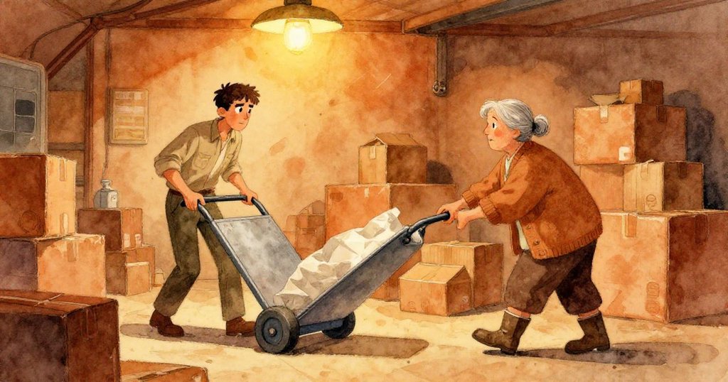 Vance 推著金屬手推車走進昏暗儲藏室，Ada 穩健地用靴子引導，環境充滿工業質感，氛圍平靜且充滿期待