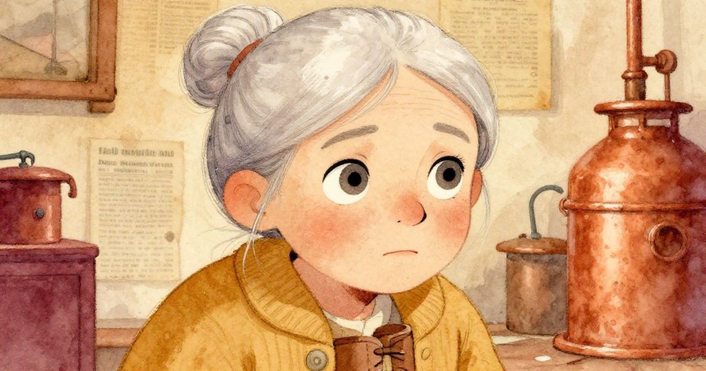 Ada 聚精會神地整理散落的雜誌，她充滿決心的眼神在溫暖黃銅色光影下清晰可見，背景隱約顯示工業風儲藏室