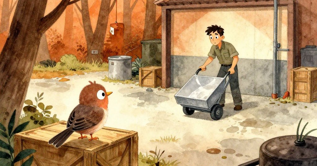 一隻小鳥站在木箱上俯瞰，看到Vance謹慎地推著車子避開濕滑區域，背景呈現工業風儲藏室氛圍，色調溫暖