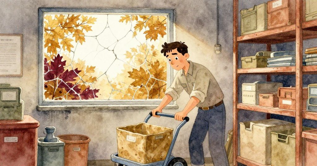 Vance 在儲藏室內調整手推車前輪，透過裂縫窗戶秋葉緩緩飄入室內，溫暖金琥珀與酒紅色調相映，呈現室內外季節交融氛圍