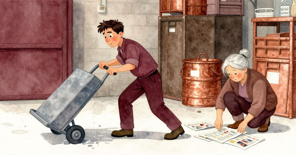 Vance 緊急推動手推車快速越過濕滑區，Ada 彎腰整理散落雜誌，場景充滿運動感與緊張氣氛，雜誌與金屬聲音交織