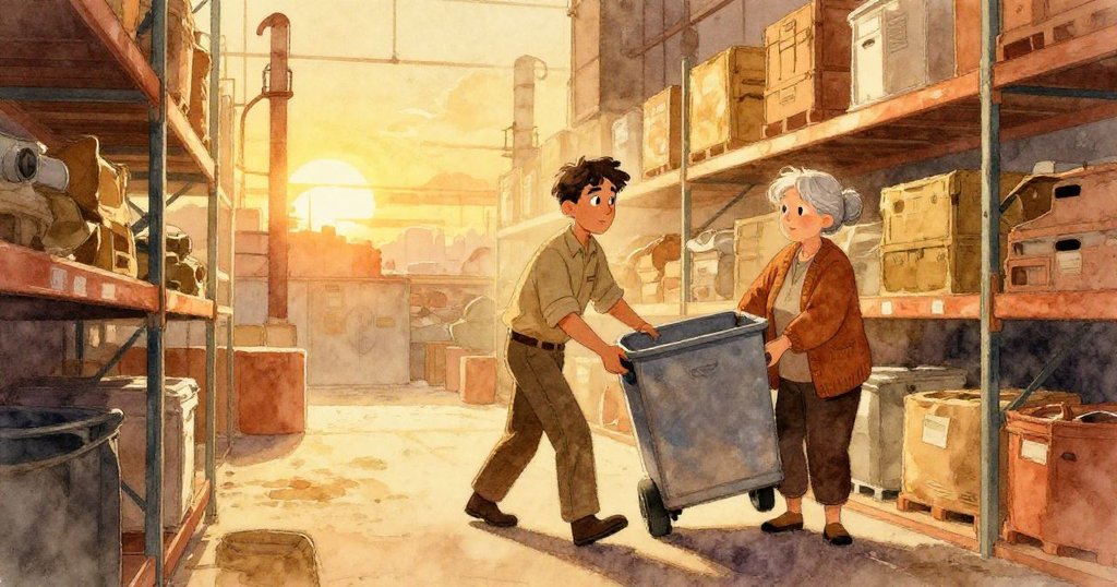 夕陽透過門口灑入儲藏室，Vance 與 Ada 精誠合作將手推車推向目標架，雜誌與紙板靜靜翻動，溫暖光影緩解緊張氣氛