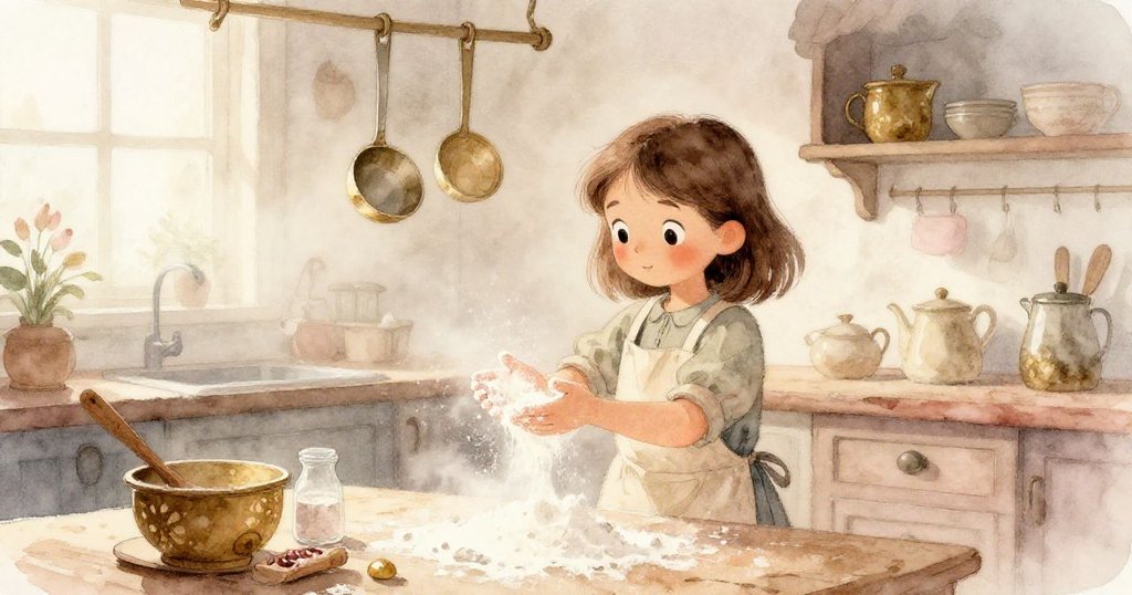 Sara在溫馨廚房中忙碌，手上沾滿麵粉，背景中懸掛的湯匙隨著老冰箱發出微妙聲音，整體氣氛平靜而溫暖。