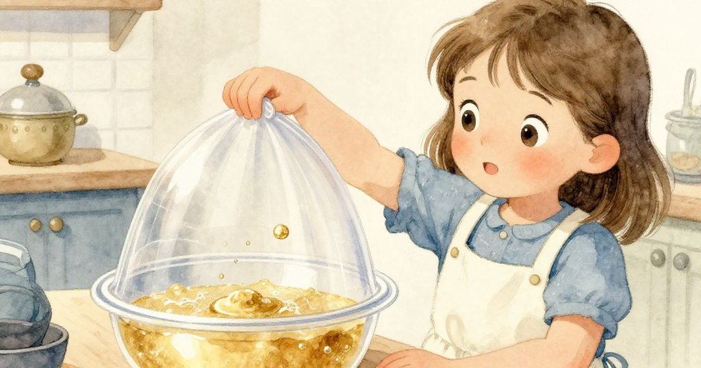 Sara小心翼翼地舉起覆蓋發泡麵糰的矽膠保鮮蓋，神情堅定，廚房櫃台上細膩展現出麵糰泡泡與蓋子間的張力。