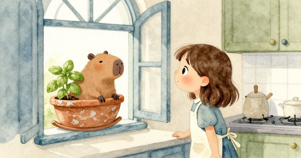 Sara在開放窗前凝望外景，搖晃的破損花盆上陶瓷水豚與羅勒相伴，柔和光線使場景充滿寧靜與好奇。