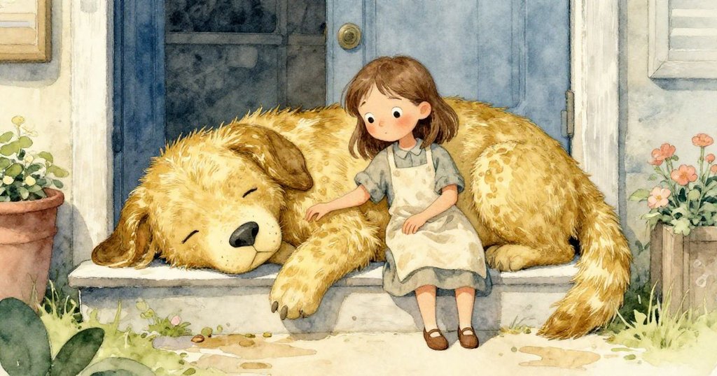 Sara走到室外，輕輕觸碰陽光下台階上安睡的巨大生物，神情溫柔與好奇，展現與自然平和連結的情景。