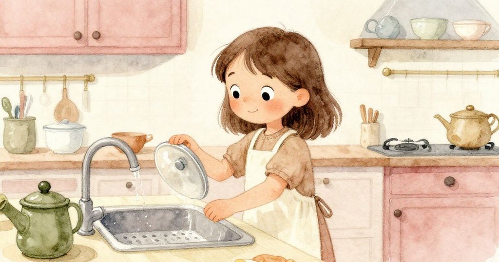 Sara回到溫暖廚房，將鬆動的蓋子放在排水板上，臉上帶著滿足微笑，整個場景洋溢著平和與喜悅。