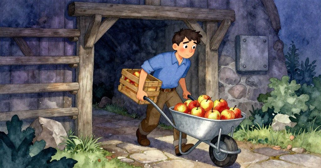 凱恩在黎明進入陳舊地窖，提著箱子和滿載秋蘋果的手推車，表情警覺，背景有潮濕的石板和陰影。