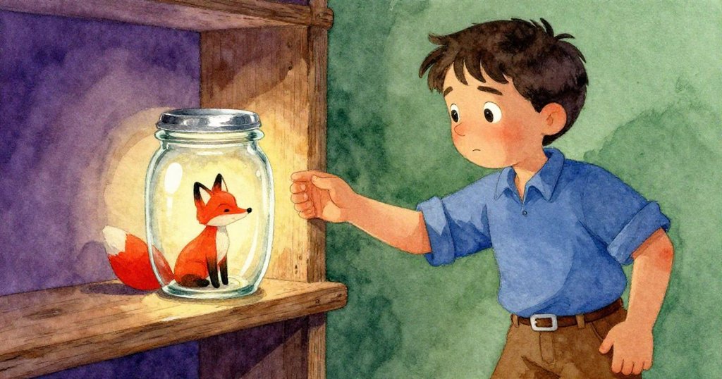 凱恩專注調整玻璃罐，旁邊擺著微小雕刻的狐狸像，燈光溫暖，櫥架上陳列著舊物，情感溫柔流露。